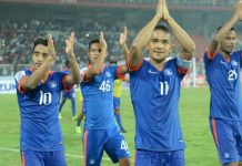 Indian National Football Team in action on the field.