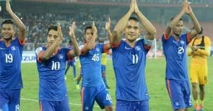 Indian National Football Team in action on the field.