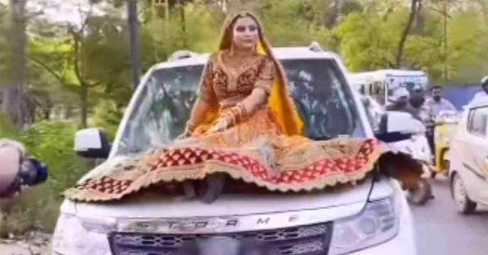 Newly weed bride shoots reel atop car bonnet
