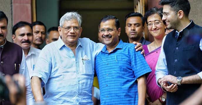 Arvind Kejriwal Holds Meeting with Sitaram Yechury at CPI(M) Office in Delhi