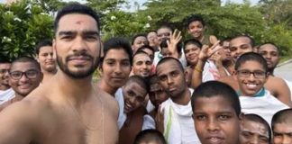 Venkatesh Iyer playing cricket in the serene temple complex of Kanchipuram