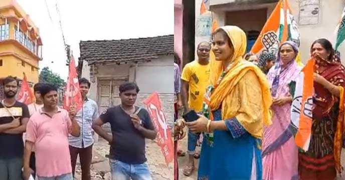 Dramatic Scene Unfolds: Husband and Wife Engage in Conflict at Rathbari Gram Panchayat Center during Panchayat Election