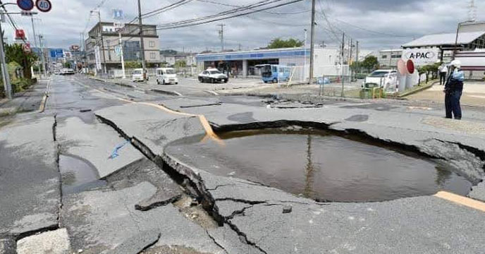 Crack on road after earthquake hits Japan