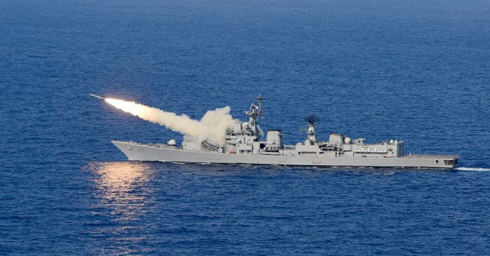 Destroyer INS Delhi fires Brahmos Supersonic Cruise Missile