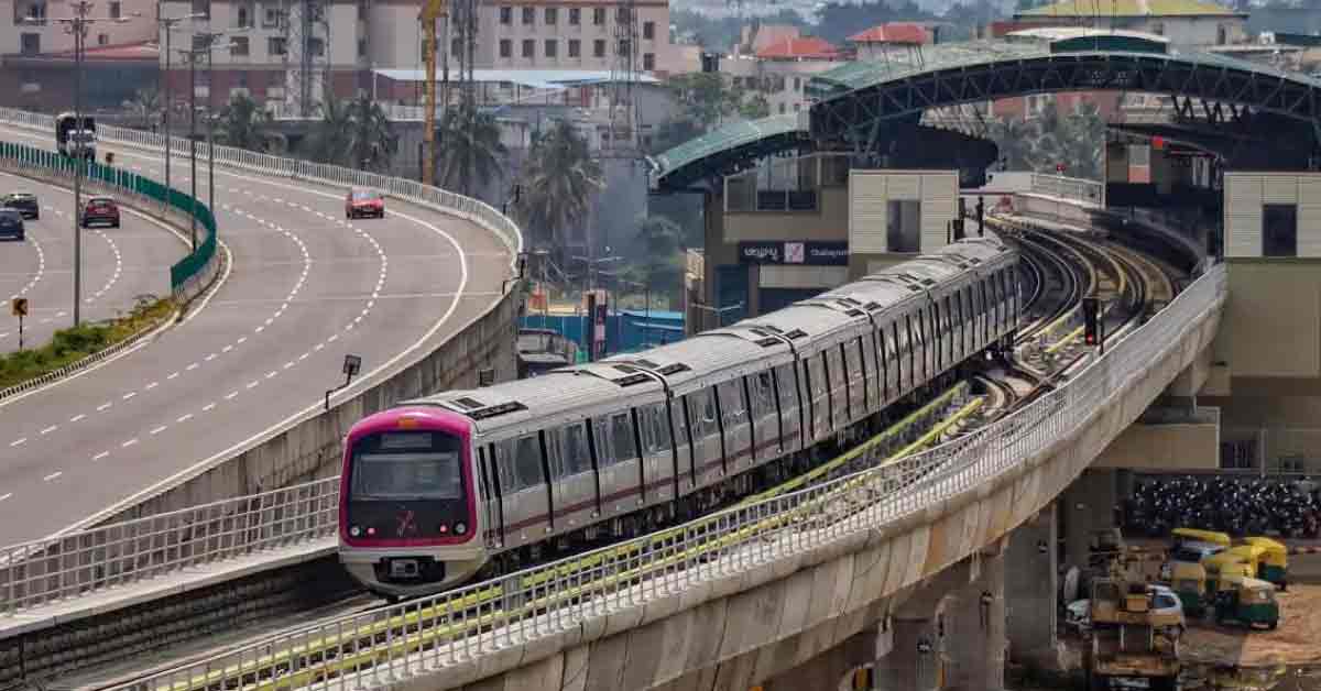 Bengaluru Metro train at a station platform, showcasing modern urban transportation in India.