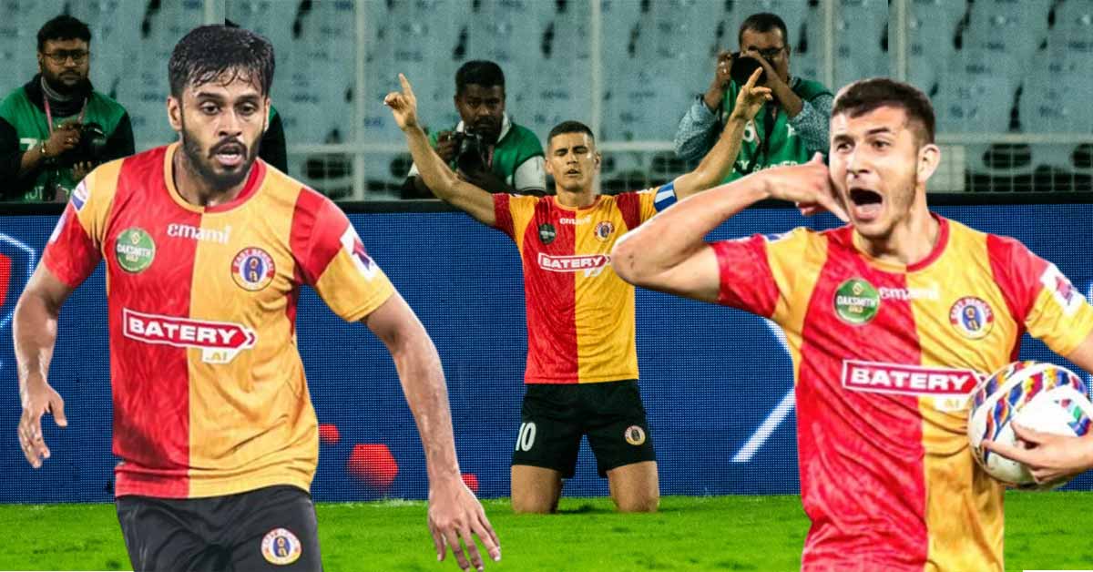 Souvik Chakrabarti punches the East Bengal captain Cleiton Silva