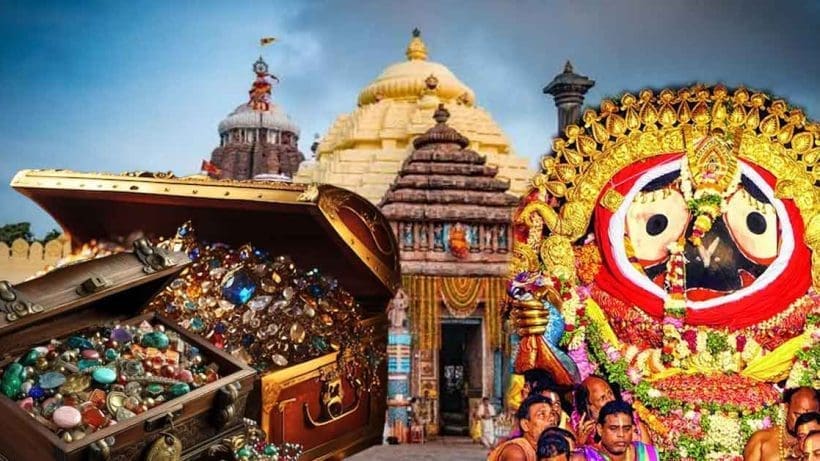 "The Ratna Bhandar of Puri Jagannath Temple, a sacred storage room, is seen in this photograph. The room is filled with ornate chests and boxes adorned with intricate carvings, and the walls are adorned with vibrant tapestries and decorations."