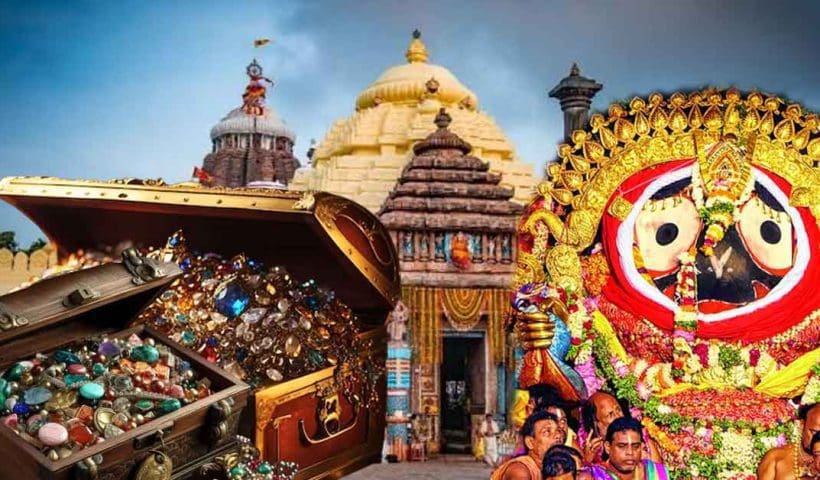 "The Ratna Bhandar of Puri Jagannath Temple, a sacred storage room, is seen in this photograph. The room is filled with ornate chests and boxes adorned with intricate carvings, and the walls are adorned with vibrant tapestries and decorations."