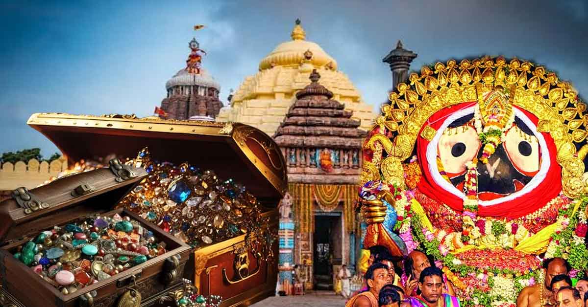 "The Ratna Bhandar of Puri Jagannath Temple, a sacred storage room, is seen in this photograph. The room is filled with ornate chests and boxes adorned with intricate carvings, and the walls are adorned with vibrant tapestries and decorations."