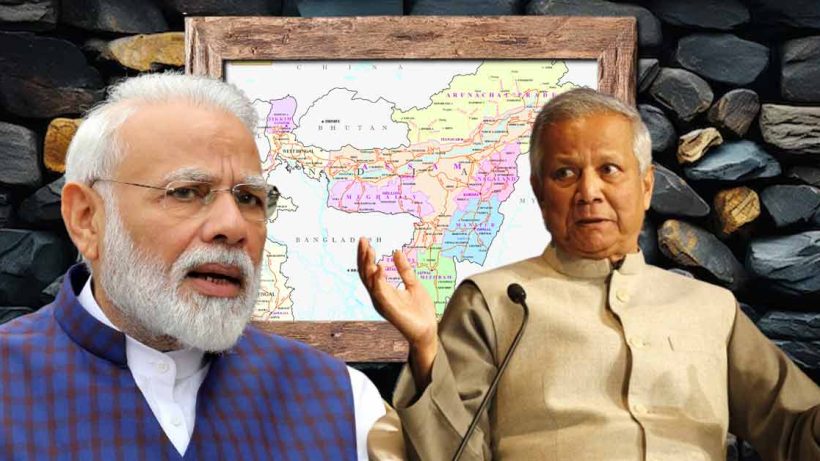 Photomontage of Indian Prime Minister Narendra Modi and Bangladesh's Interim Head of Government MD Yunus, depicting a contrast or comparison between the two leaders