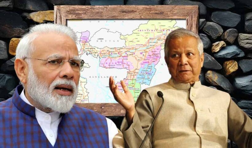 Photomontage of Indian Prime Minister Narendra Modi and Bangladesh's Interim Head of Government MD Yunus, depicting a contrast or comparison between the two leaders