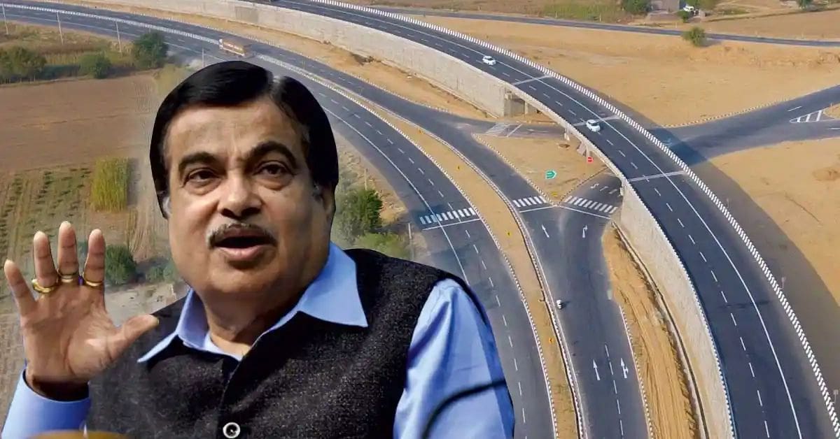 A portrait of Nitin Gadkari, an Indian politician and Minister for Road Transport and Highways, wearing formal attire with a serious expression, standing against a neutral background.