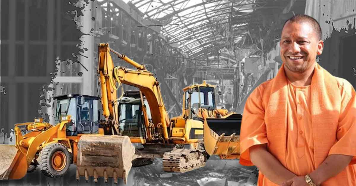 Photo of Yogi Adityanath, the Chief Minister of Uttar Pradesh, standing in front of or near a bulldozer, with a stern or determined expression, symbolizing his tough stance or action against illegal encroachments or constructions, earning him the nickname 'Bulldozer Baba'.