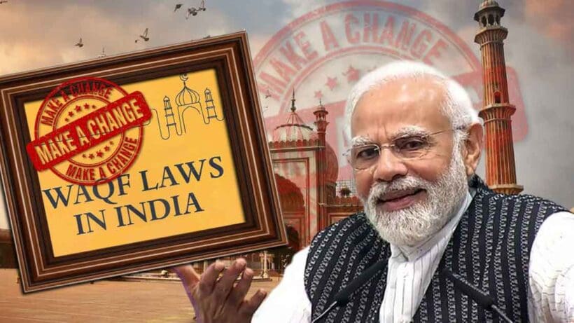 Photo or illustration of Narendra Modi, the Prime Minister of India, with a caption or headline suggesting his intention or proposal to reform or amend the Waqf laws or regulations, conveying a sense of potential change or policy update.