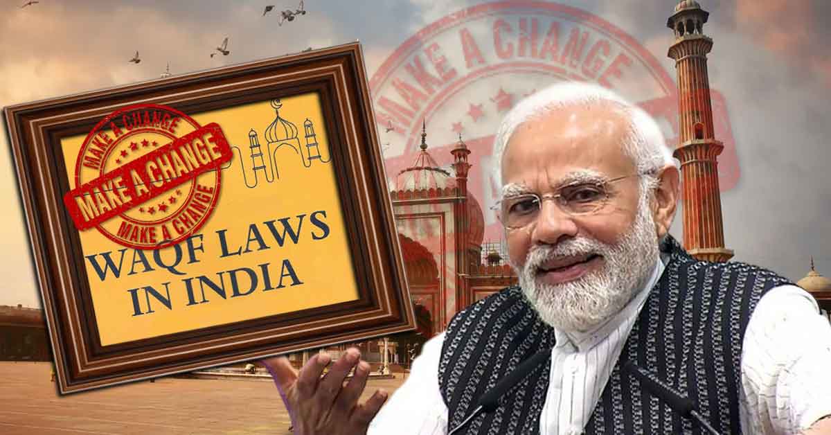 Photo or illustration of Narendra Modi, the Prime Minister of India, with a caption or headline suggesting his intention or proposal to reform or amend the Waqf laws or regulations, conveying a sense of potential change or policy update.