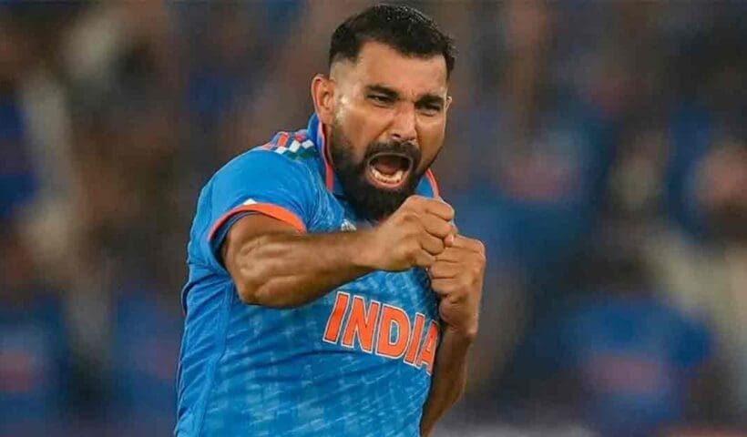 Mohammed Shami in cricket attire, preparing for a match