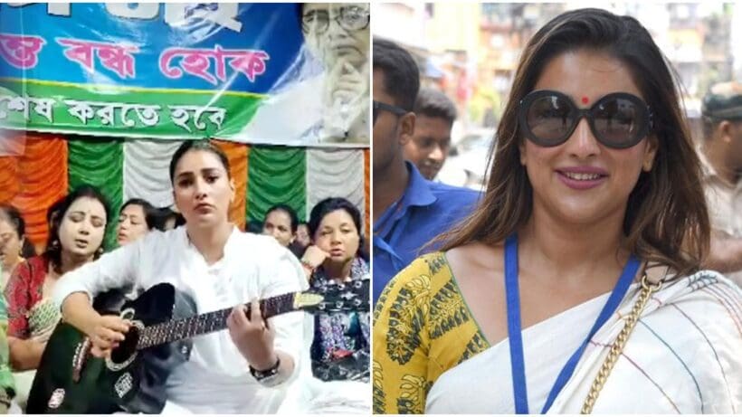 TMC MLA Sayantika Banerjee criticized on stage of RG Kar protest by playing guitar, প্রতিবাদে সকলে গাইছেন ‘আগুনের পরশমণি’, মঞ্চে তখন গিটার হাতে বিধায়ক সায়ন্তিকা! ছ্যা-ছ্যা রব