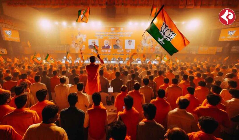 A bustling polling station during the Assembly Elections. The BJP party supporters are seen in the foreground