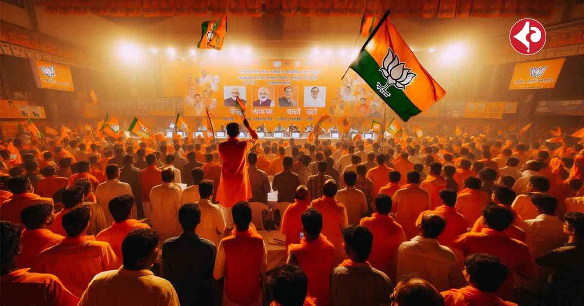 A bustling polling station during the Assembly Elections. The BJP party supporters are seen in the foreground