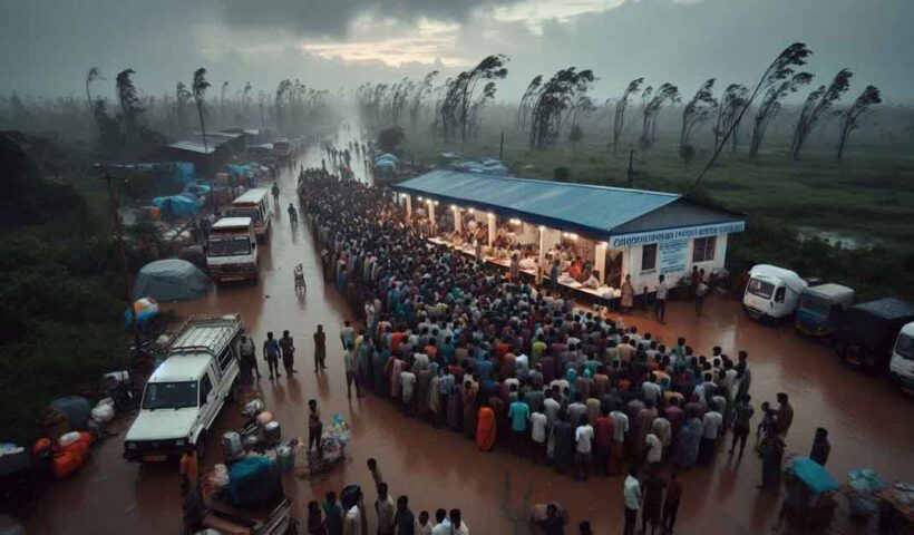 A cyclone has hit Odisha, India. The image shows a relief center with people gathered around it. The sky is overcast and the lighting is dim. The mood is somber and tense. The relief center is surrounded by trees and there are a few vehicles parked nearby. The people are waiting in line to receive aid