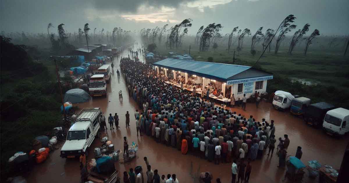 A cyclone has hit Odisha, India. The image shows a relief center with people gathered around it. The sky is overcast and the lighting is dim. The mood is somber and tense. The relief center is surrounded by trees and there are a few vehicles parked nearby. The people are waiting in line to receive aid