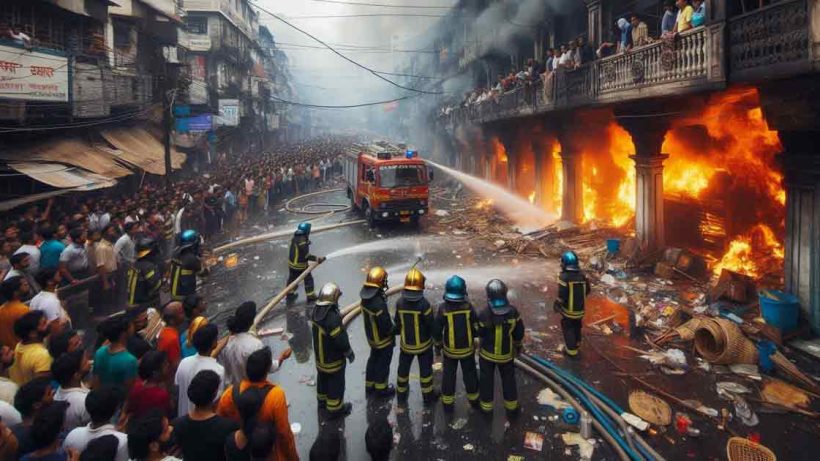 A fire has broken out in a busy market in Kolkata. The fire started in the morning and has been raging for some time. Three fire brigades have been dispatched to the scene and are working to extinguish the flames. The scene is chaotic, with a large crowd of people gathered in front of the market, watching as the firefighters work to put out the fire.