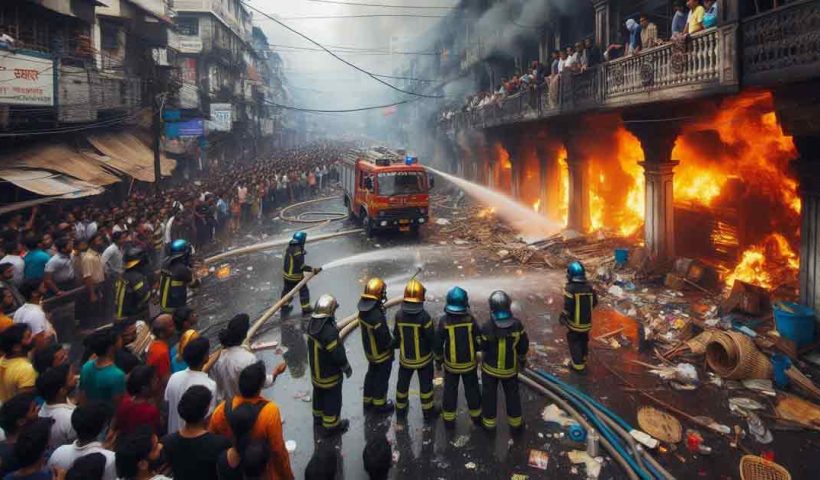 A fire has broken out in a busy market in Kolkata. The fire started in the morning and has been raging for some time. Three fire brigades have been dispatched to the scene and are working to extinguish the flames. The scene is chaotic, with a large crowd of people gathered in front of the market, watching as the firefighters work to put out the fire.