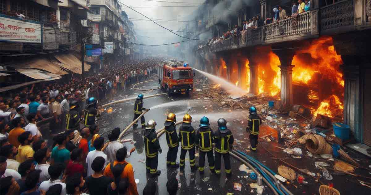 A fire has broken out in a busy market in Kolkata. The fire started in the morning and has been raging for some time. Three fire brigades have been dispatched to the scene and are working to extinguish the flames. The scene is chaotic, with a large crowd of people gathered in front of the market, watching as the firefighters work to put out the fire.