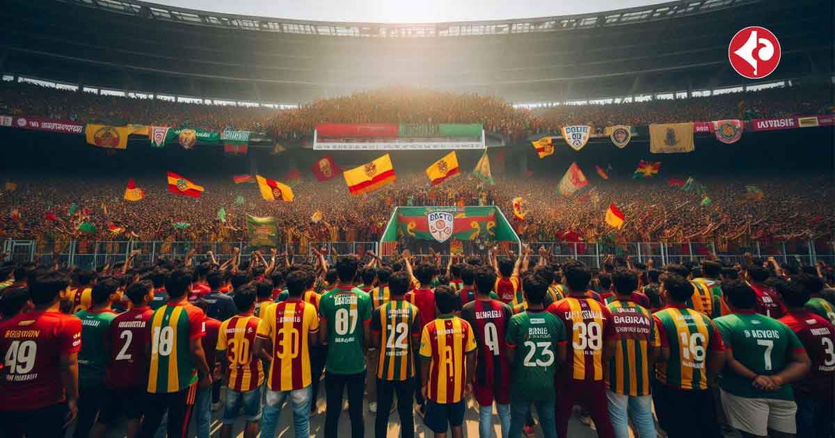 A large crowd of supporters of East Bengal and Mohun Bagan are gathered in front of the stadium entrance