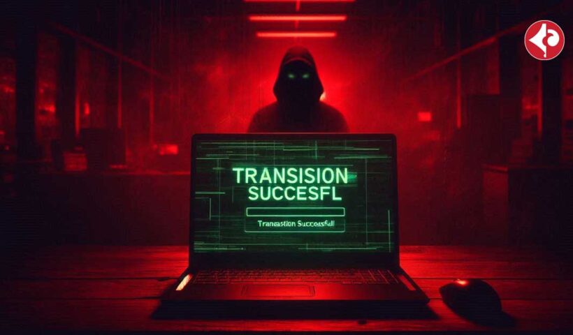 A dark Red and ominous image of a computer screen with a message that reads 'Transaction Successful' in green letters. The screen is surrounded by a dimly lit room with a few shadowy figures in the background. The image is meant to convey the feeling of a major cyber fraud that has just taken place.