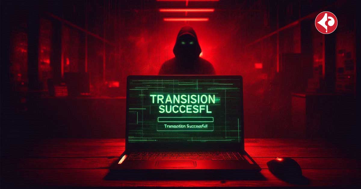 A dark Red and ominous image of a computer screen with a message that reads 'Transaction Successful' in green letters. The screen is surrounded by a dimly lit room with a few shadowy figures in the background. The image is meant to convey the feeling of a major cyber fraud that has just taken place.