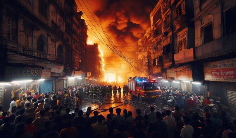 Fire in Kolkata city market There was a fire at night The fire brigade went to the spot The fire is being extinguished Crowd of people in front. AI picture