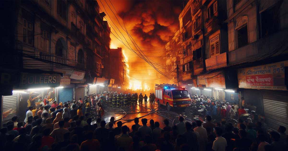 Fire in Kolkata city market There was a fire at night The fire brigade went to the spot The fire is being extinguished Crowd of people in front. AI picture