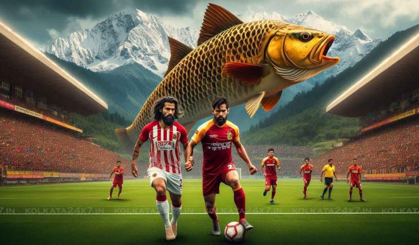 Football match in Thimphu, Bhutan Bangladesh Bashundhara Kings vs East Bengal of India Bangladesh Bashundhara Kings jersey color is red white and East Bengal jersey color is red yellow The first choice of the two groups is hilsa fish from the Ganges and Padma