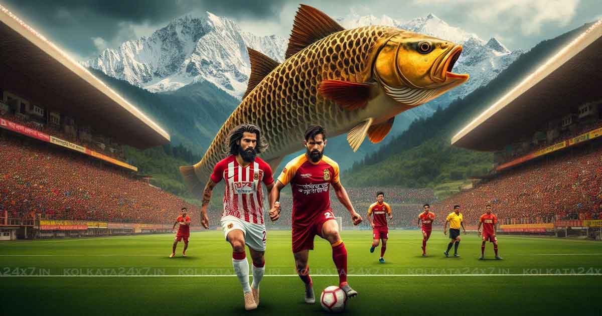 Football match in Thimphu, Bhutan Bangladesh Bashundhara Kings vs East Bengal of India Bangladesh Bashundhara Kings jersey color is red white and East Bengal jersey color is red yellow The first choice of the two groups is hilsa fish from the Ganges and Padma