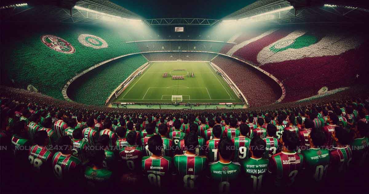 A packed stadium is seen in this image, with a sea of green and maroon Mohun Bagan jerseys filling the stands. The bright green and maroon colors of the jerseys stand out against the dark background of the stadium, creating a striking visual effect. The overall mood of the image is one of excitement and anticipation, as fans eagerly await the start of the match.