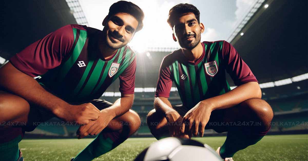 Two ex-footballers of Mohun Bagan, wearing green maroon jerseys, are standing on a football field. The lighting is bright and sunny. They are both holding a football and smiling at the camera. The image is taken from a low angle, making the footballers look tall and powerful.