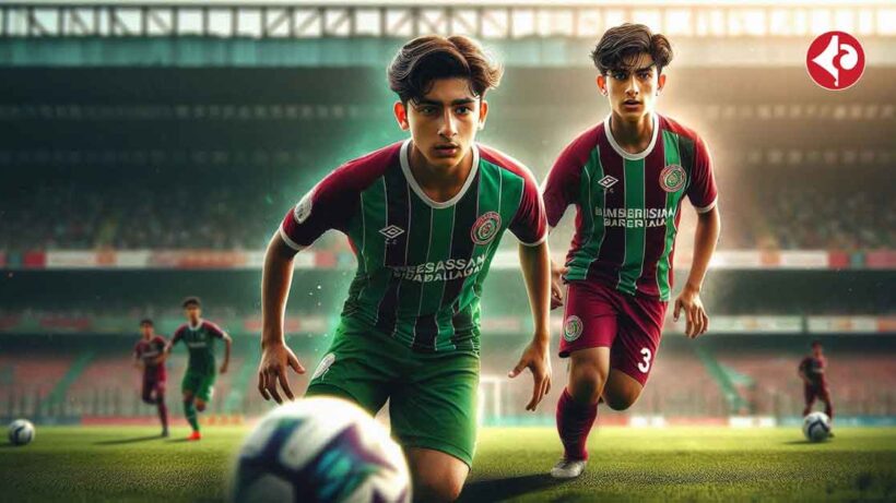 Two young footballers, Priyansh Dubey and defender Umer Muhthar K P, are in the midst of a Mohun Bagan trial. The green and maroon colors of their uniforms are vibrant and eye-catching. The image is well-lit and the colors are bright and vivid, with the green and maroon of the uniforms standing out against the background. The players are focused and determined, with a sense of excitement and anticipation in the air. The scene is set in a football field in Kolkata, with the city's skyline visible in the distance.