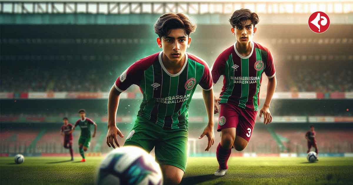 Two young footballers, Priyansh Dubey and defender Umer Muhthar K P, are in the midst of a Mohun Bagan trial. The green and maroon colors of their uniforms are vibrant and eye-catching. The image is well-lit and the colors are bright and vivid, with the green and maroon of the uniforms standing out against the background. The players are focused and determined, with a sense of excitement and anticipation in the air. The scene is set in a football field in Kolkata, with the city's skyline visible in the distance.