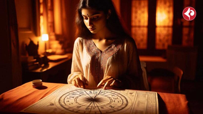 A young Indian woman is sitting in front of a table with a horoscope chart laid out in front of her. The room is dimly lit with a warm, orange glow, and the woman's face is illuminated by the light of a candle. She is wearing a traditional Indian dress and has a focused expression on her face as she studies the chart