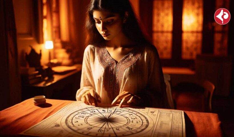 A young Indian woman is sitting in front of a table with a horoscope chart laid out in front of her. The room is dimly lit with a warm, orange glow, and the woman's face is illuminated by the light of a candle. She is wearing a traditional Indian dress and has a focused expression on her face as she studies the chart