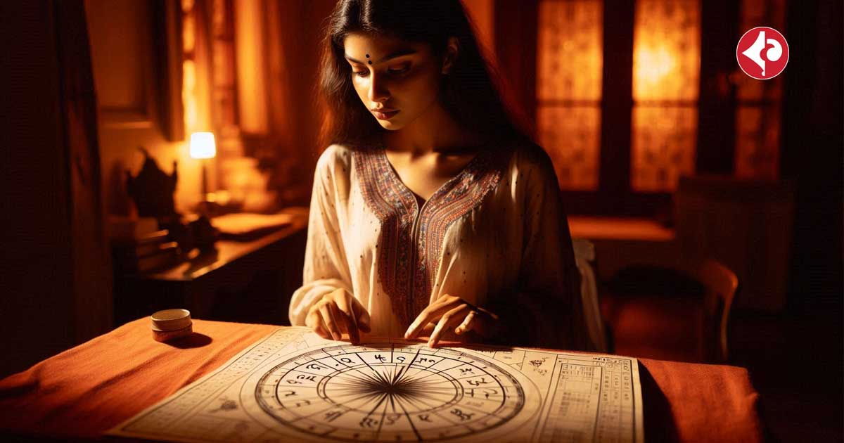 A young Indian woman is sitting in front of a table with a horoscope chart laid out in front of her. The room is dimly lit with a warm, orange glow, and the woman's face is illuminated by the light of a candle. She is wearing a traditional Indian dress and has a focused expression on her face as she studies the chart