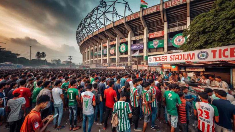 A bustling scene outside the Kolkata city stadium, with fans eagerly queuing up at ticket counters to purchase tickets for the Mohun Bagan vs Chennaiyin match.