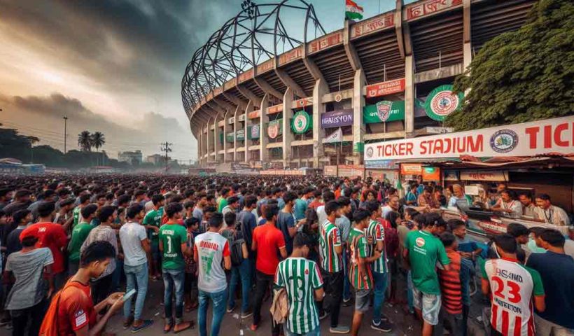 A bustling scene outside the Kolkata city stadium, with fans eagerly queuing up at ticket counters to purchase tickets for the Mohun Bagan vs Chennaiyin match.