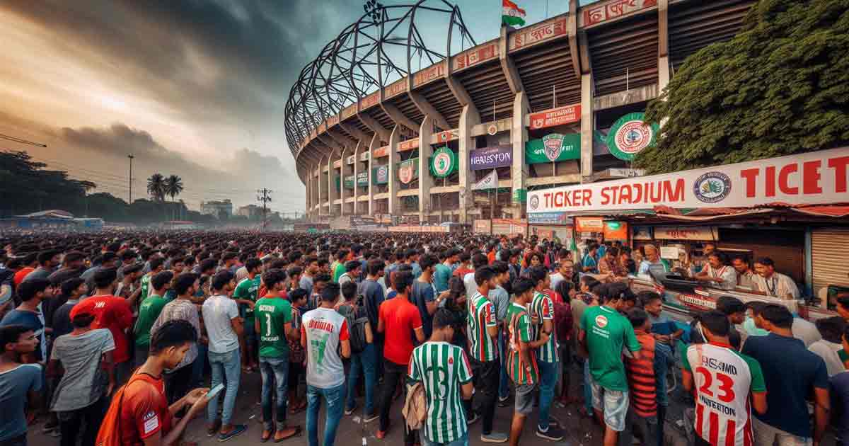 A bustling scene outside the Kolkata city stadium, with fans eagerly queuing up at ticket counters to purchase tickets for the Mohun Bagan vs Chennaiyin match.