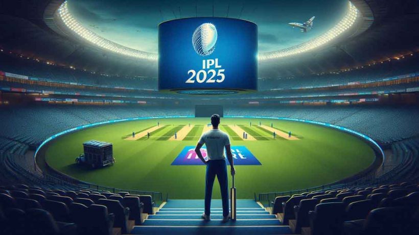 A cricket stadium is shown with a large screen with Player in the background displaying the IPL 2025 logo. The stadium is empty and the field is covered with a green tarp. The mood is somber and serious. The image conveys that the IPL 2025 is about to begin and the players who have been released are being announced. The color scheme is blue and white, with the logo being the main focus of the image.