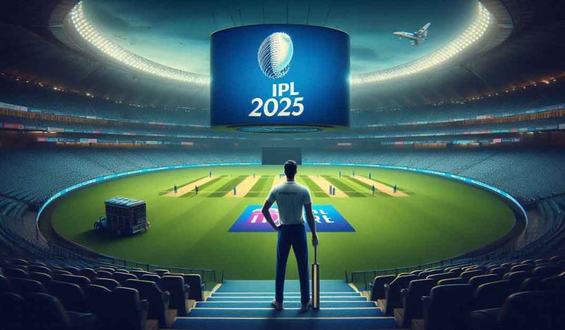 A cricket stadium is shown with a large screen with Player in the background displaying the IPL 2025 logo. The stadium is empty and the field is covered with a green tarp. The mood is somber and serious. The image conveys that the IPL 2025 is about to begin and the players who have been released are being announced. The color scheme is blue and white, with the logo being the main focus of the image.