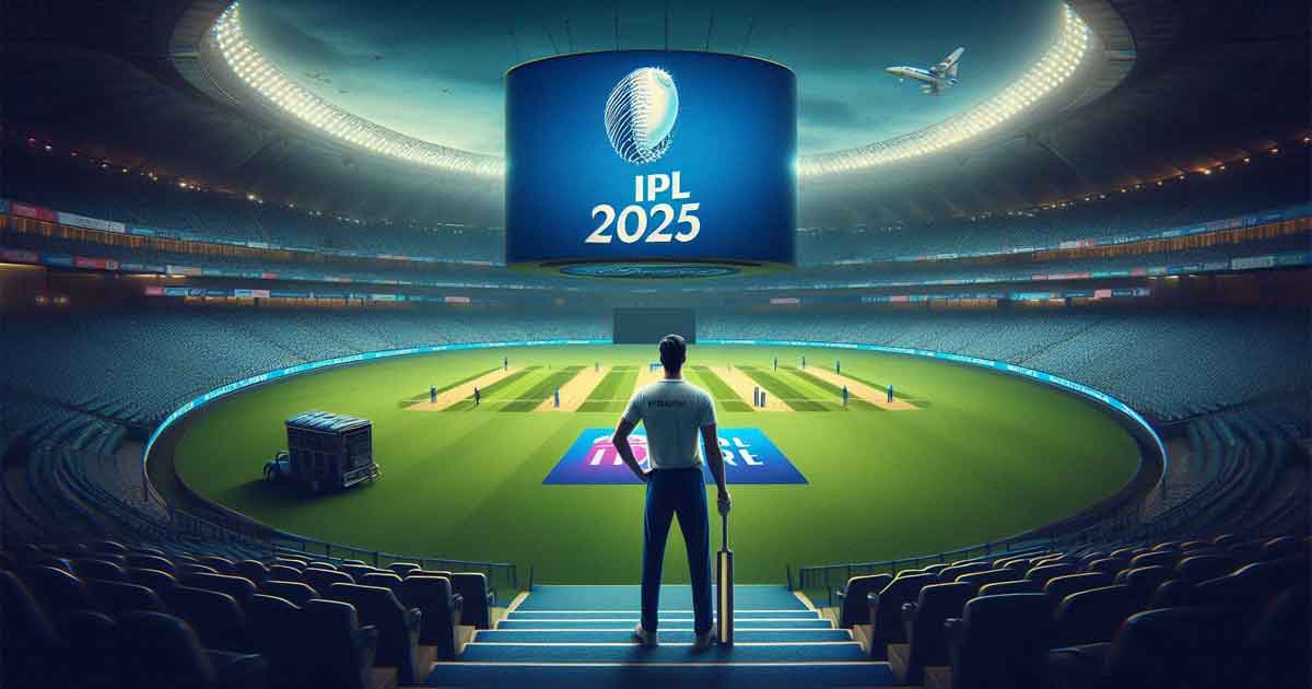 A cricket stadium is shown with a large screen with Player in the background displaying the IPL 2025 logo. The stadium is empty and the field is covered with a green tarp. The mood is somber and serious. The image conveys that the IPL 2025 is about to begin and the players who have been released are being announced. The color scheme is blue and white, with the logo being the main focus of the image.