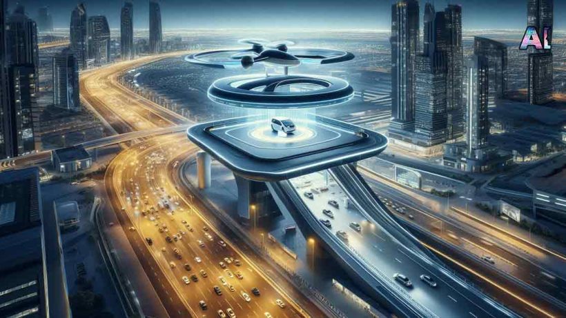 A futuristic aerial taxi vertiport in Dubai, with a sleek and modern design