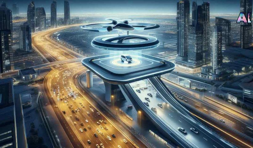 A futuristic aerial taxi vertiport in Dubai, with a sleek and modern design